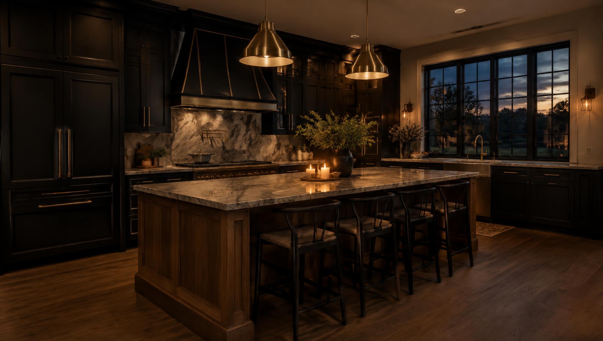 Remodeled kitchen with dark cabinetry and brass lighting